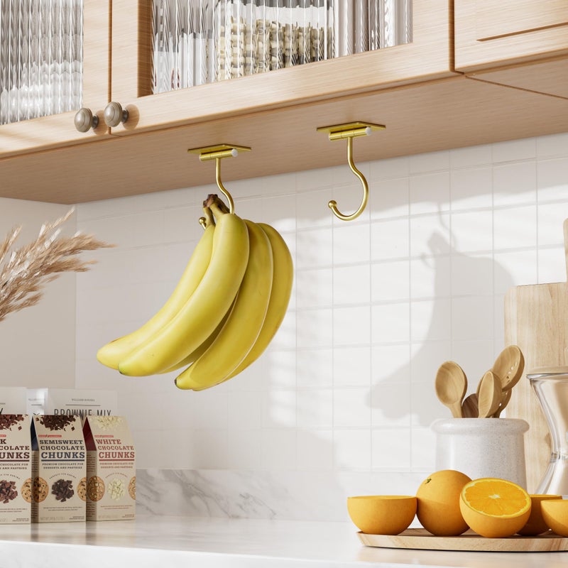 Josmimic Under Cabinet Banana Hook Adhesive - Sticky Banana Hanger Under Counter, Sturdy Metal Banana Holder for Hanging Bananas or Kitchen Utensil, Banana Saver, Keeps Bananas Fresh, Gold - Image 5
